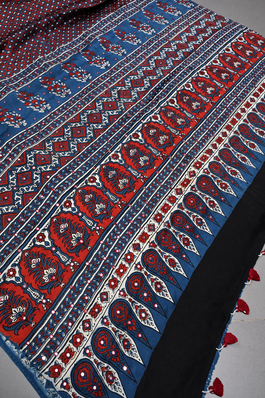 Blue-Red Authentic Hand Block Print on Modal Silk Saree with Hand Embellished Tikki work and Border | SHOBITAM