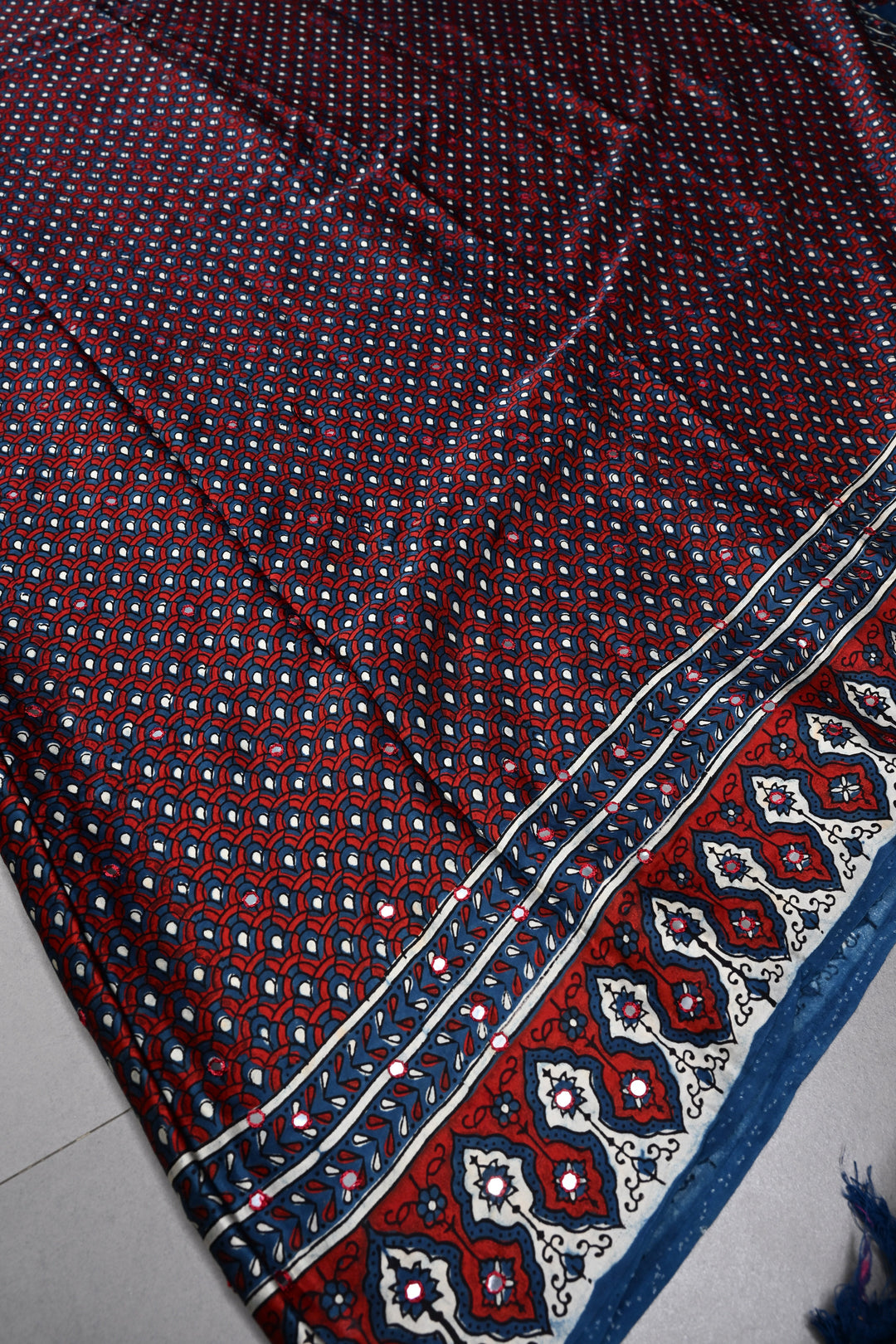 Blue-Red Authentic Hand Block Print on Modal Silk Saree with Hand Embellished Tikki work and Border | SHOBITAM
