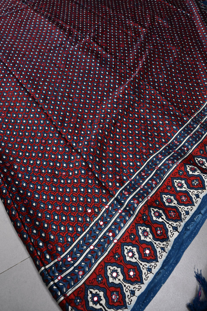 Blue-Red Authentic Hand Block Print on Modal Silk Saree with Hand Embellished Tikki work and Border | SHOBITAM