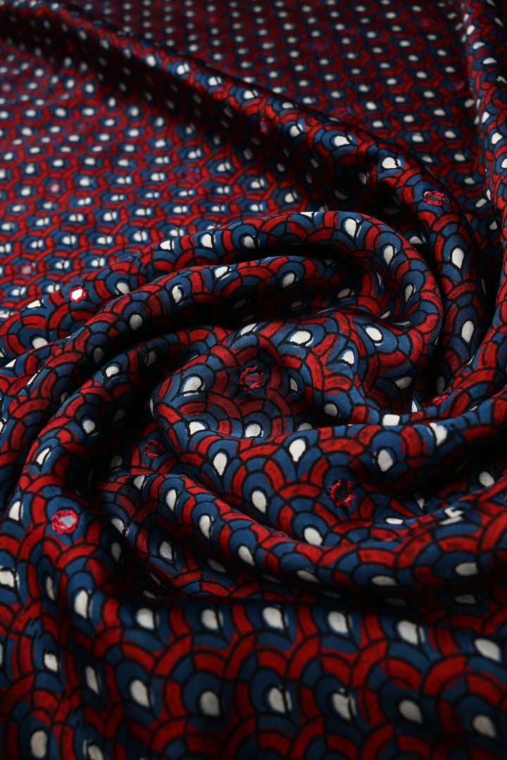 Blue-Red Authentic Hand Block Print on Modal Silk Saree with Hand Embellished Tikki work and Border | SHOBITAM