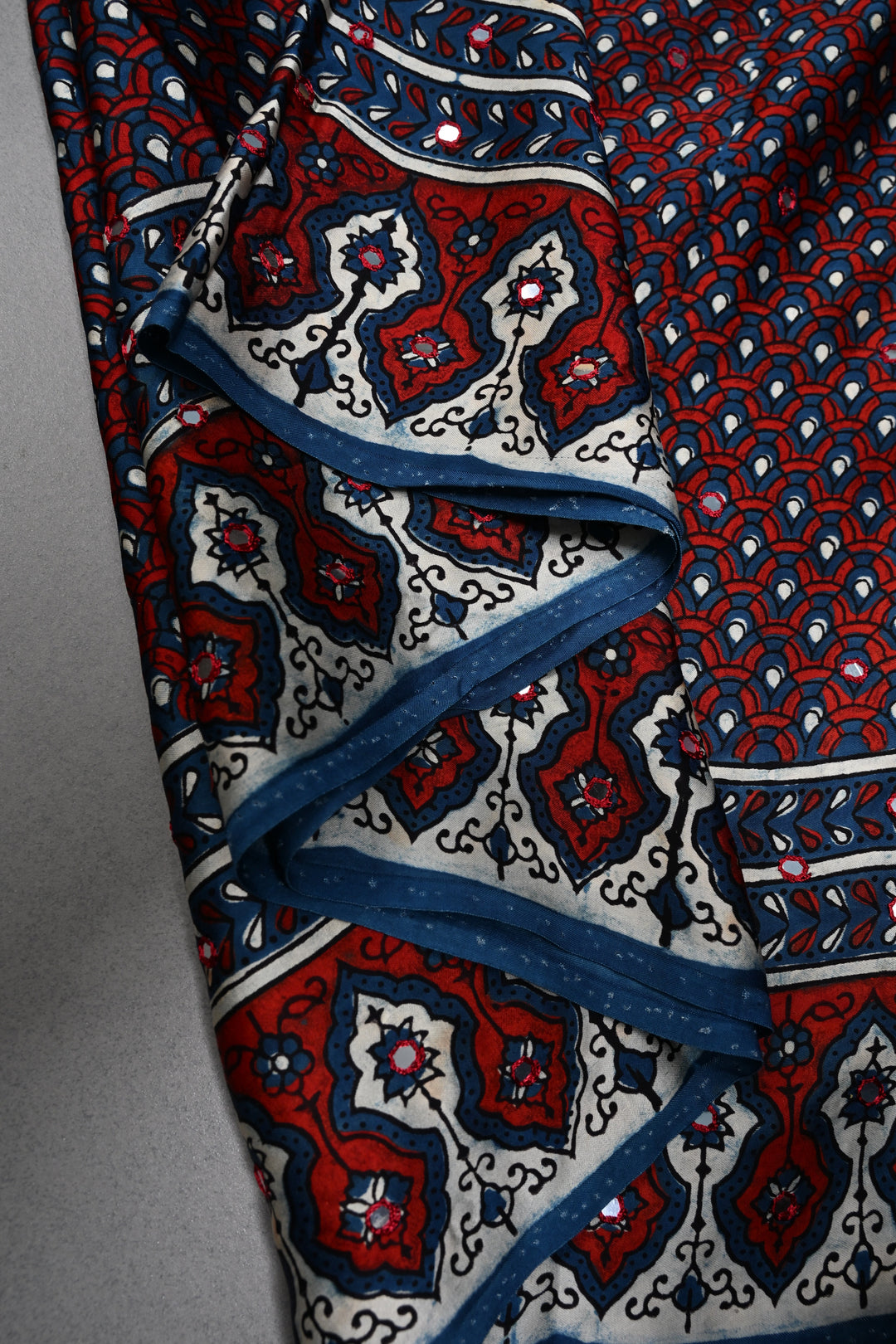 Blue-Red Authentic Hand Block Print on Modal Silk Saree with Hand Embellished Tikki work and Border | SHOBITAM