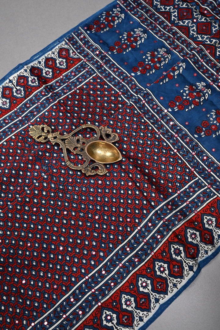 Blue-Red Authentic Hand Block Print on Modal Silk Saree with Hand Embellished Tikki work and Border | SHOBITAM