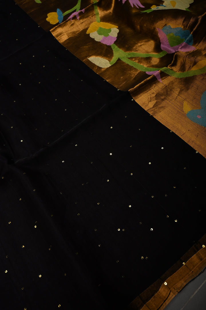 Black Muslin Saree with Pocket Sequins and Paithani Style Tissue Pallu | SILK MARK CERTIFIED | SHOBITAM