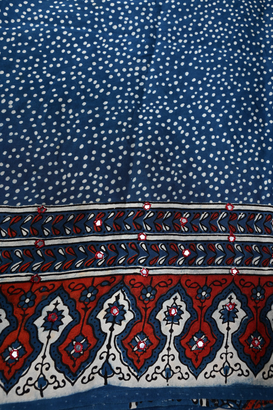 Blue-Red Authentic Hand Block Print on Modal Silk Saree with Hand Embellished Tikki work and Border | SHOBITAM