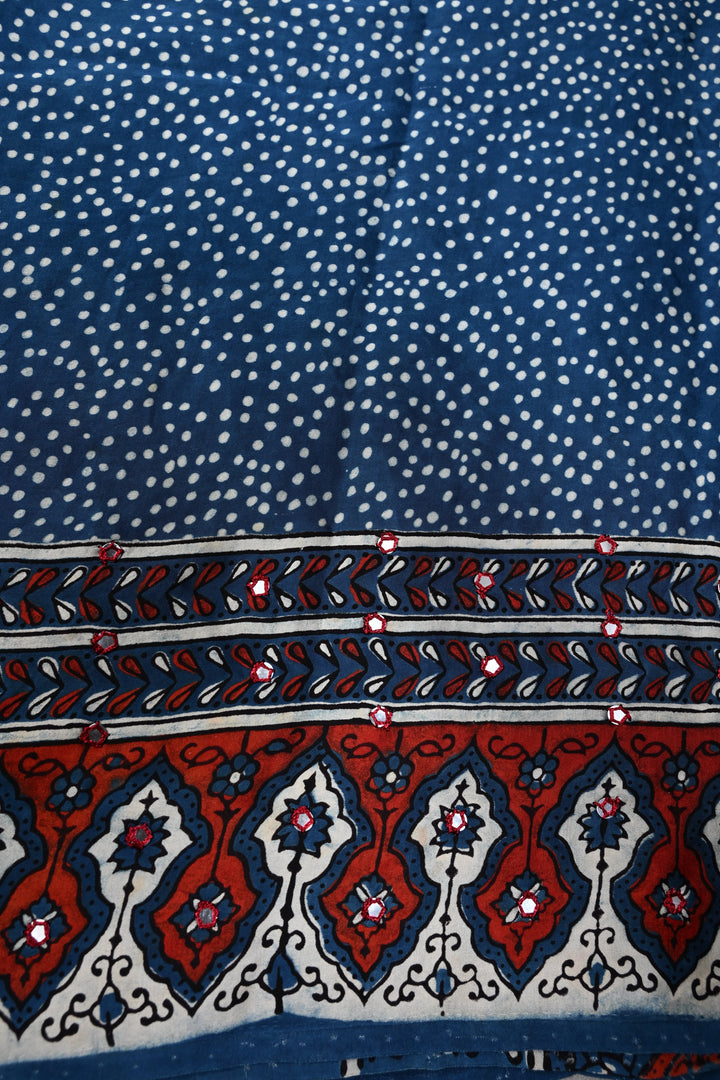 Blue-Red Authentic Hand Block Print on Modal Silk Saree with Hand Embellished Tikki work and Border | SHOBITAM