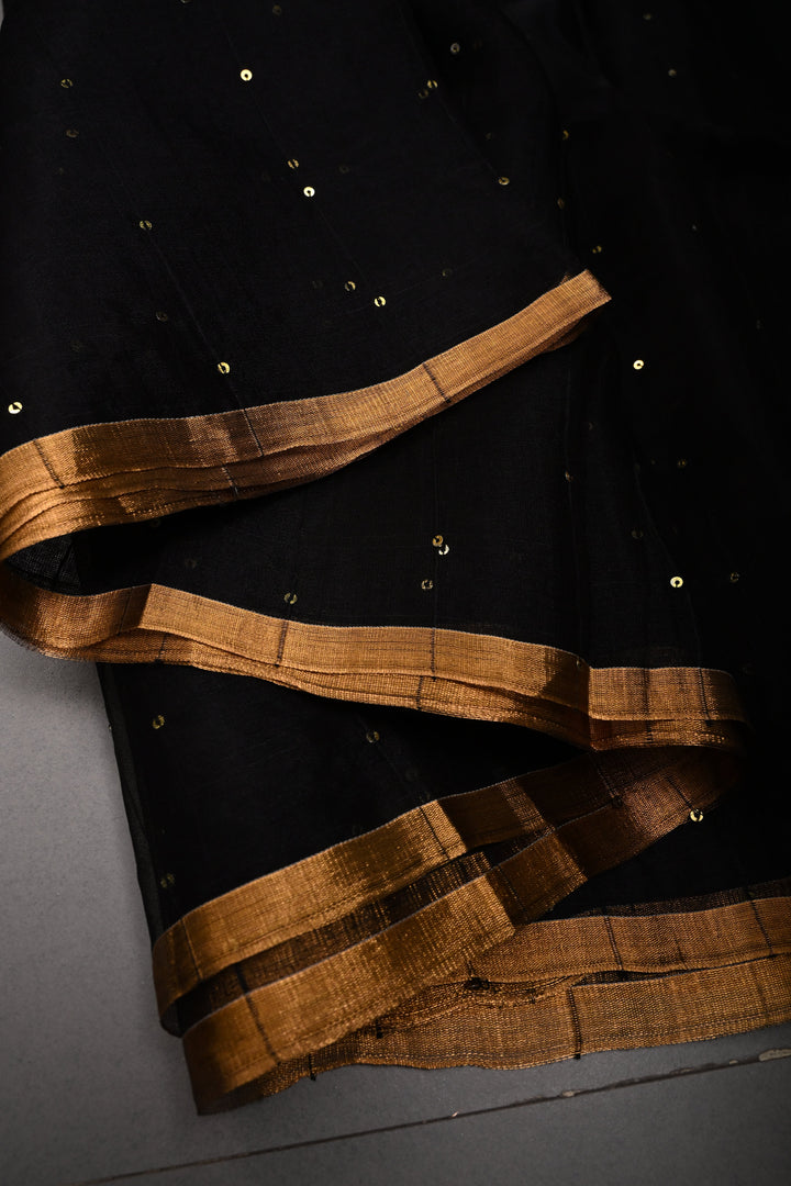 Black Muslin Saree with Pocket Sequins and Paithani Style Tissue Pallu | SILK MARK CERTIFIED | SHOBITAM