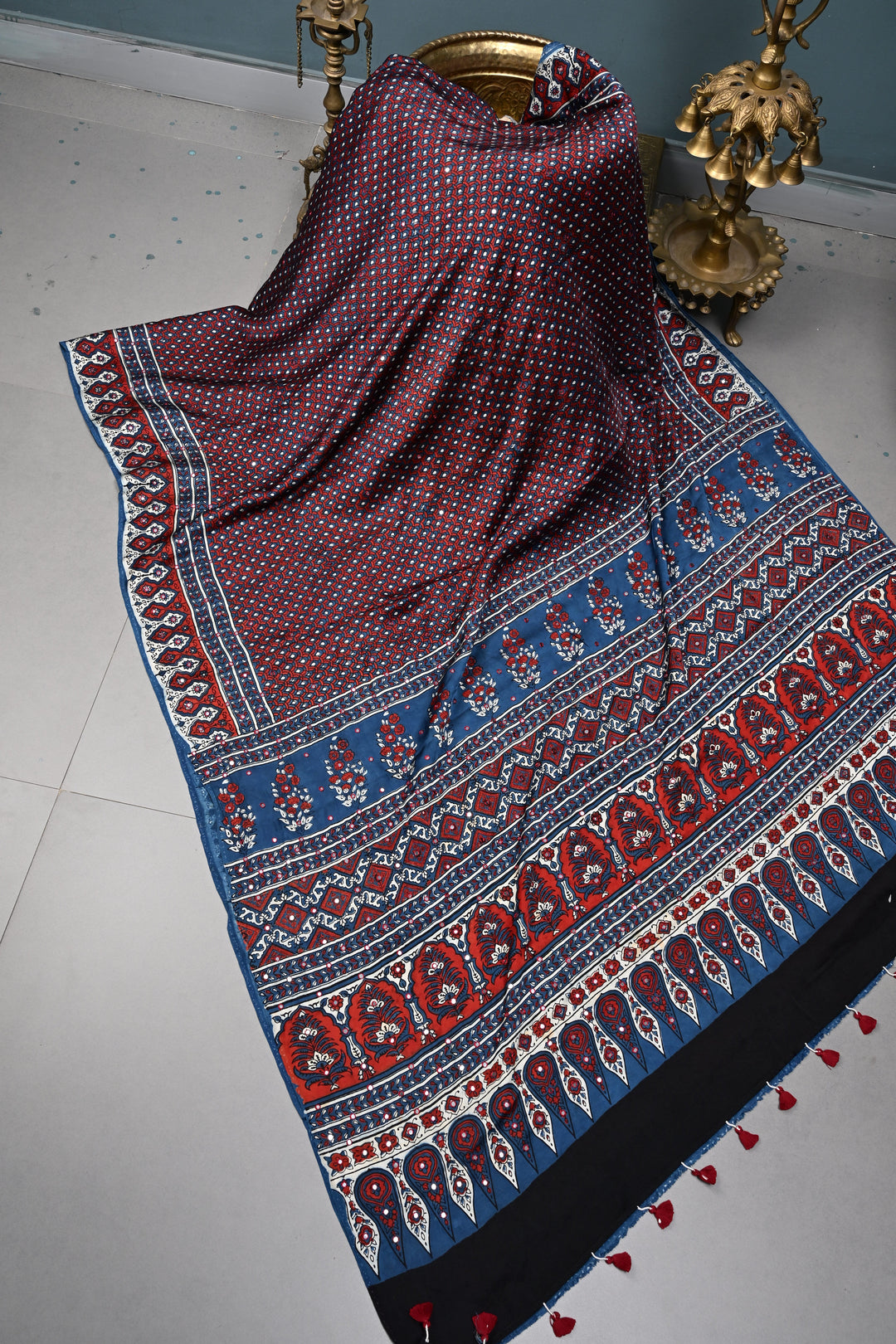 Blue-Red Authentic Hand Block Print on Modal Silk Saree with Hand Embellished Tikki work and Border | SHOBITAM