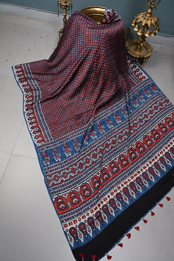 Blue-Red Authentic Hand Block Print on Modal Silk Saree with Hand Embellished Tikki work and Border | SHOBITAM