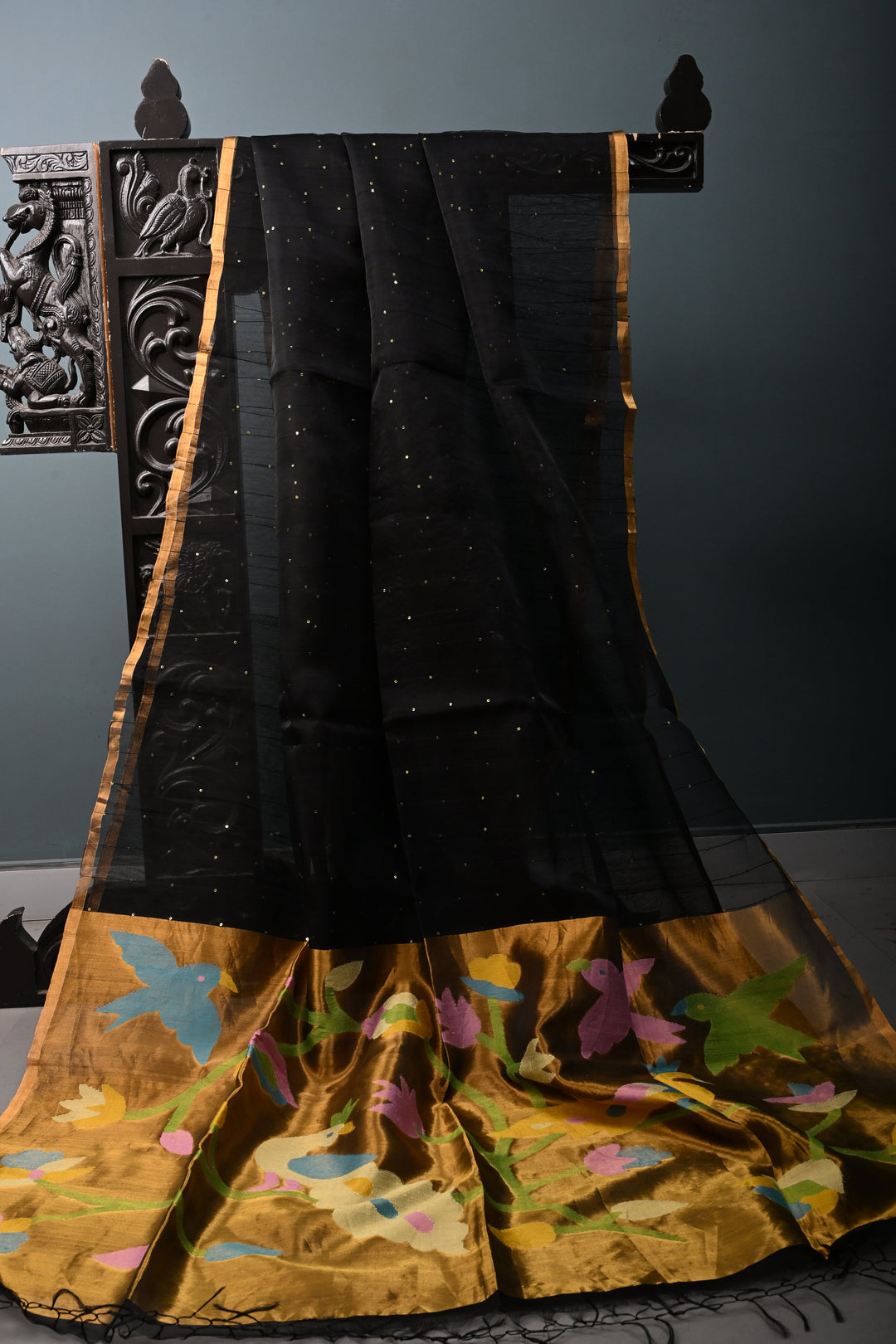 Black Muslin Saree with Pocket Sequins and Paithani Style Tissue Pallu | SILK MARK CERTIFIED | SHOBITAM