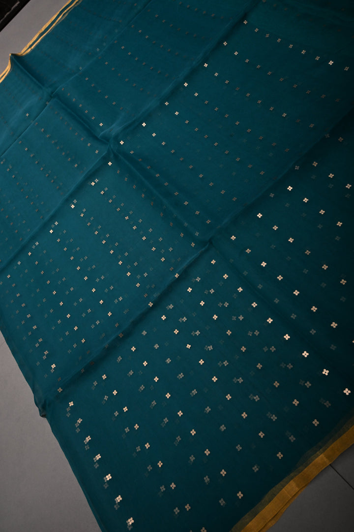 Rama Green Muslin Silk Saree with Pocket Sequins and Paithani Style Pallu | SILK MARK CERTIFIED | SHOBITAM