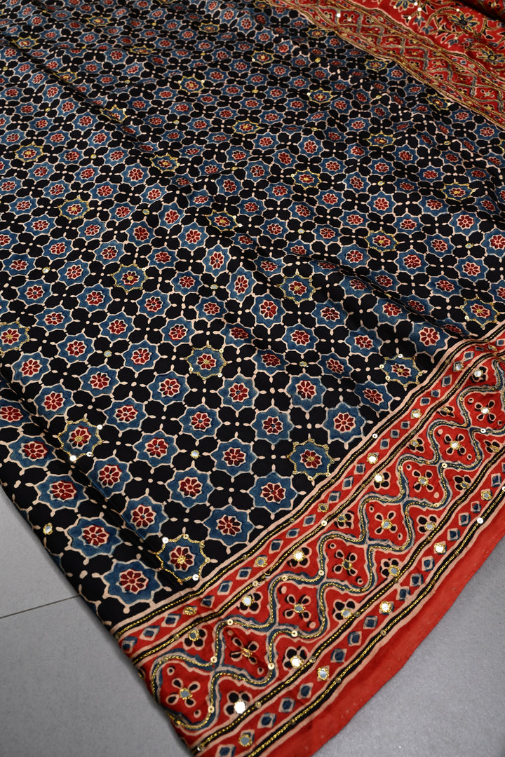 Handwork Ajrakh Saree with Tikki and Aari work on Black Red Ajrakh on Modal Silk   | SHOBITAM