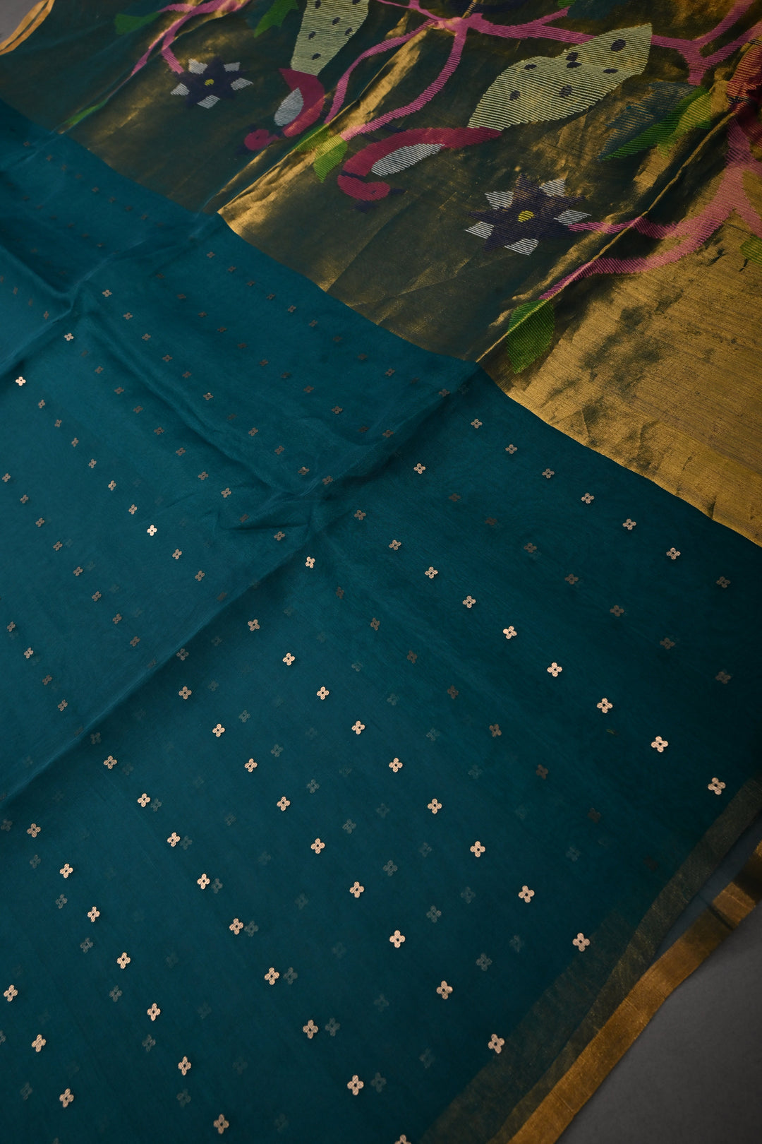 Rama Green Muslin Silk Saree with Pocket Sequins and Paithani Style Pallu | SILK MARK CERTIFIED | SHOBITAM