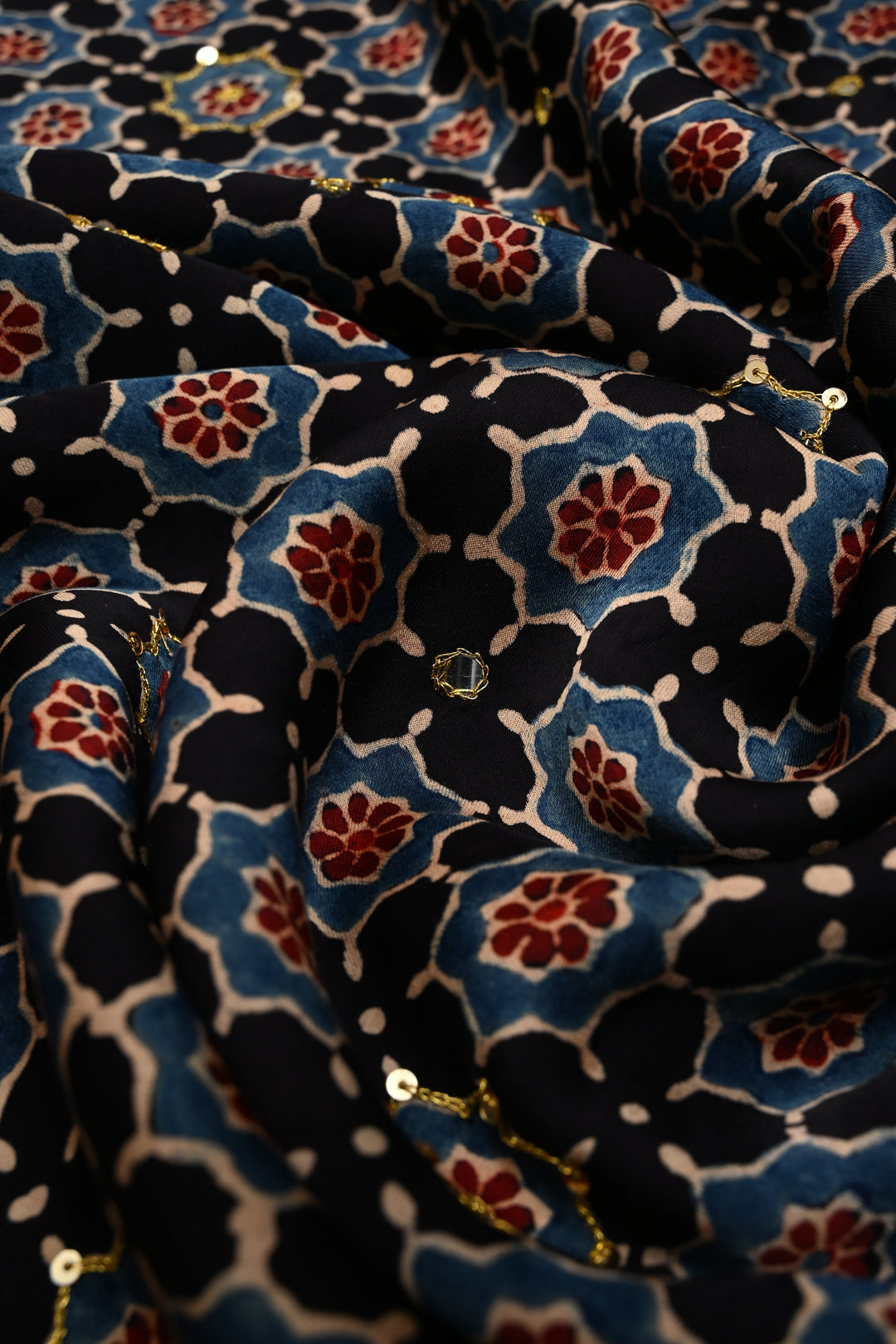 Handwork Ajrakh Saree with Tikki and Aari work on Black Red Ajrakh on Modal Silk   | SHOBITAM