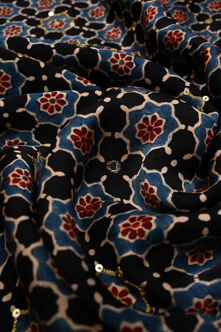 Handwork Ajrakh Saree with Tikki and Aari work on Black Red Ajrakh on Modal Silk   | SHOBITAM