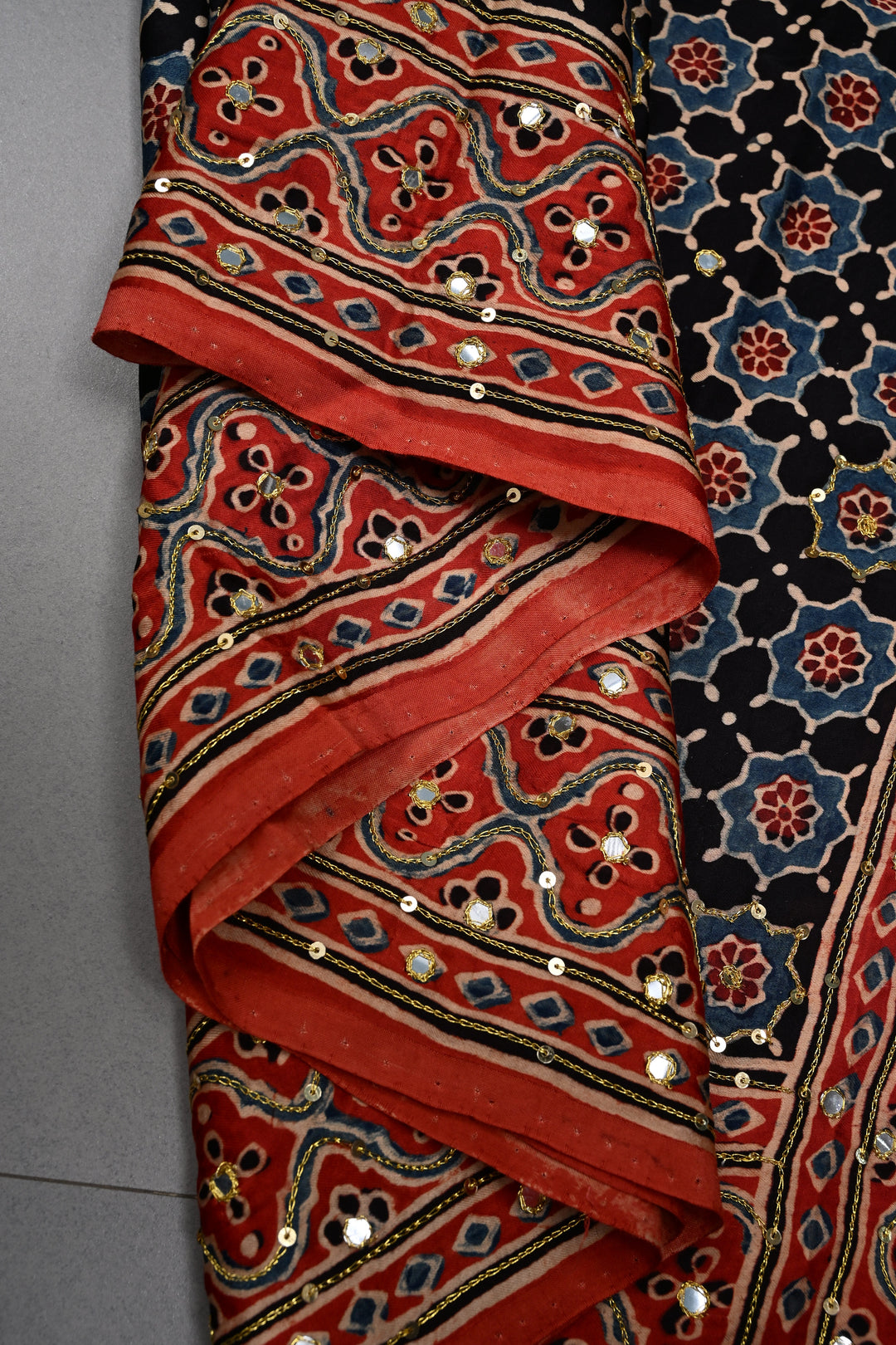 Handwork Ajrakh Saree with Tikki and Aari work on Black Red Ajrakh on Modal Silk   | SHOBITAM