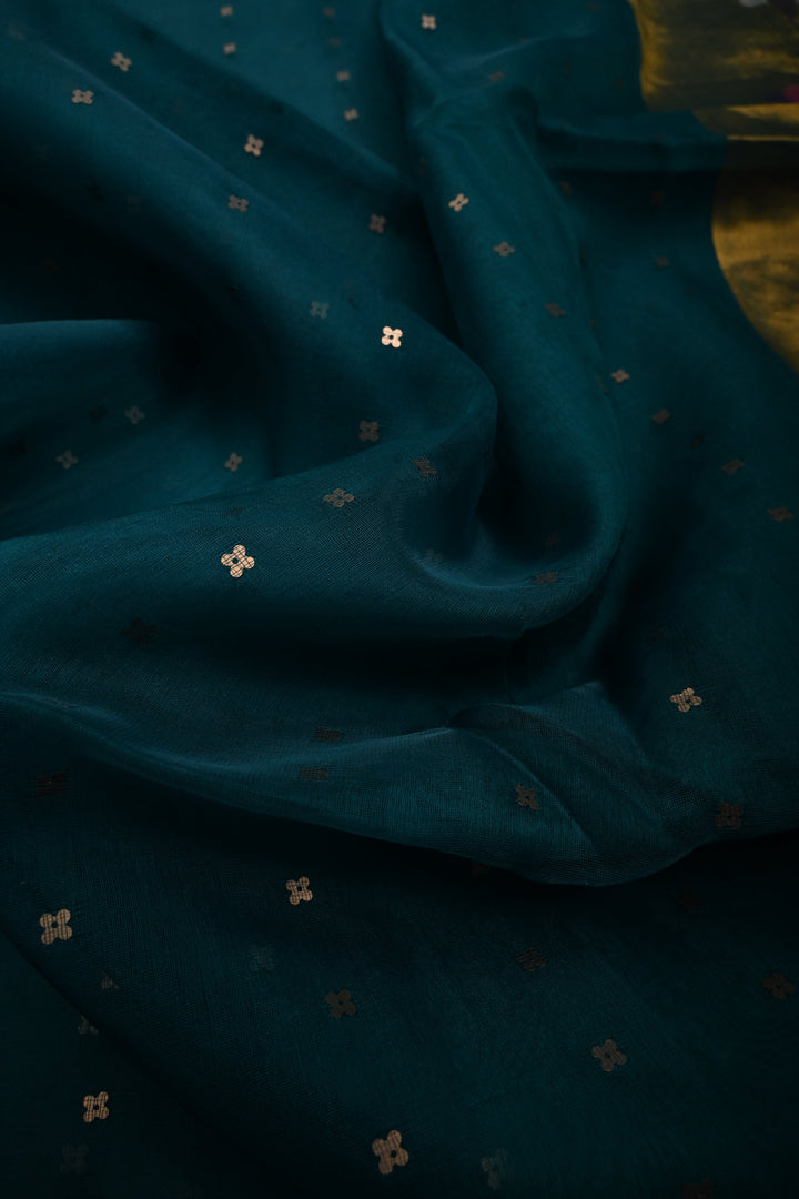 Rama Green Muslin Silk Saree with Pocket Sequins and Paithani Style Pallu | SILK MARK CERTIFIED | SHOBITAM
