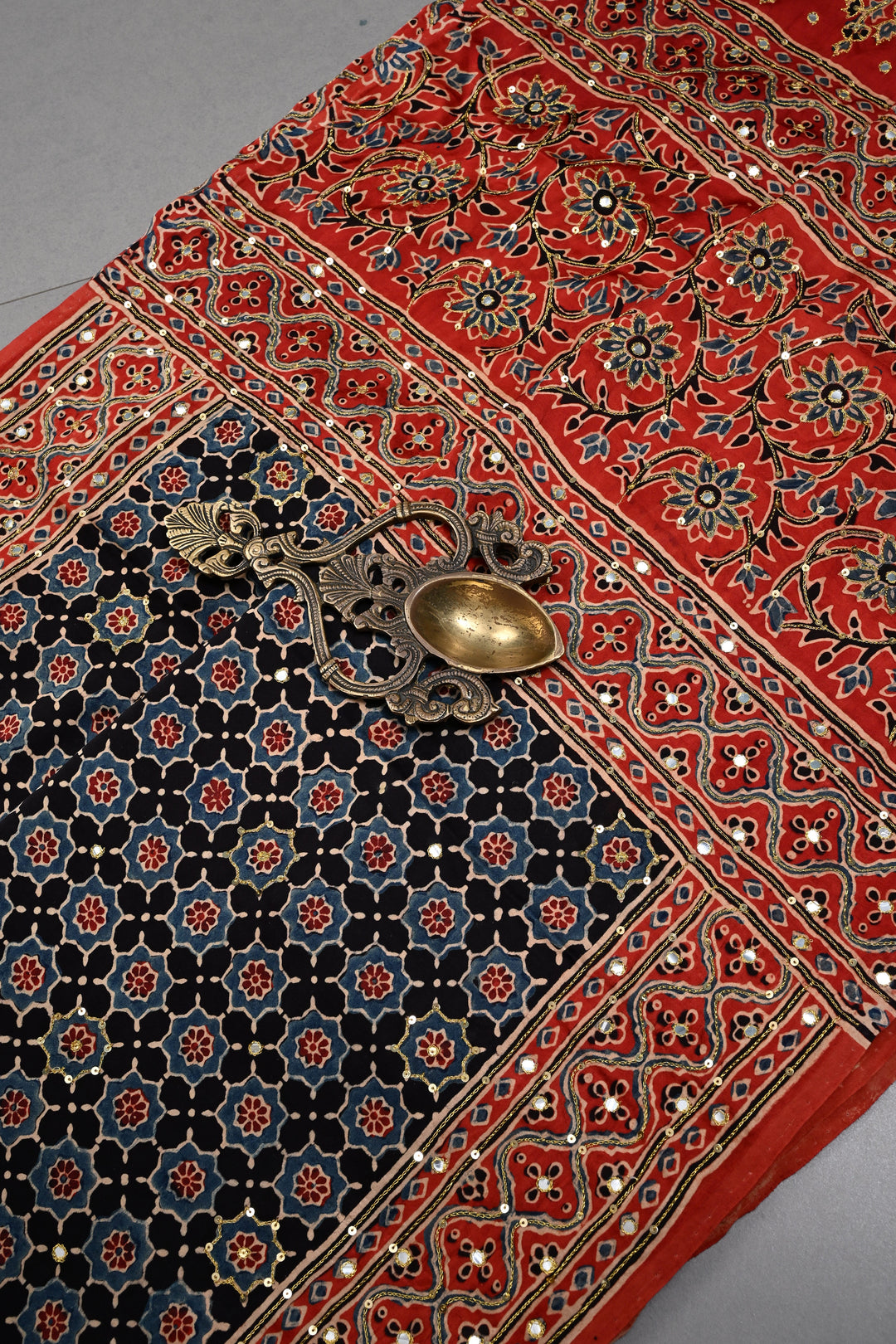 Handwork Ajrakh Saree with Tikki and Aari work on Black Red Ajrakh on Modal Silk   | SHOBITAM