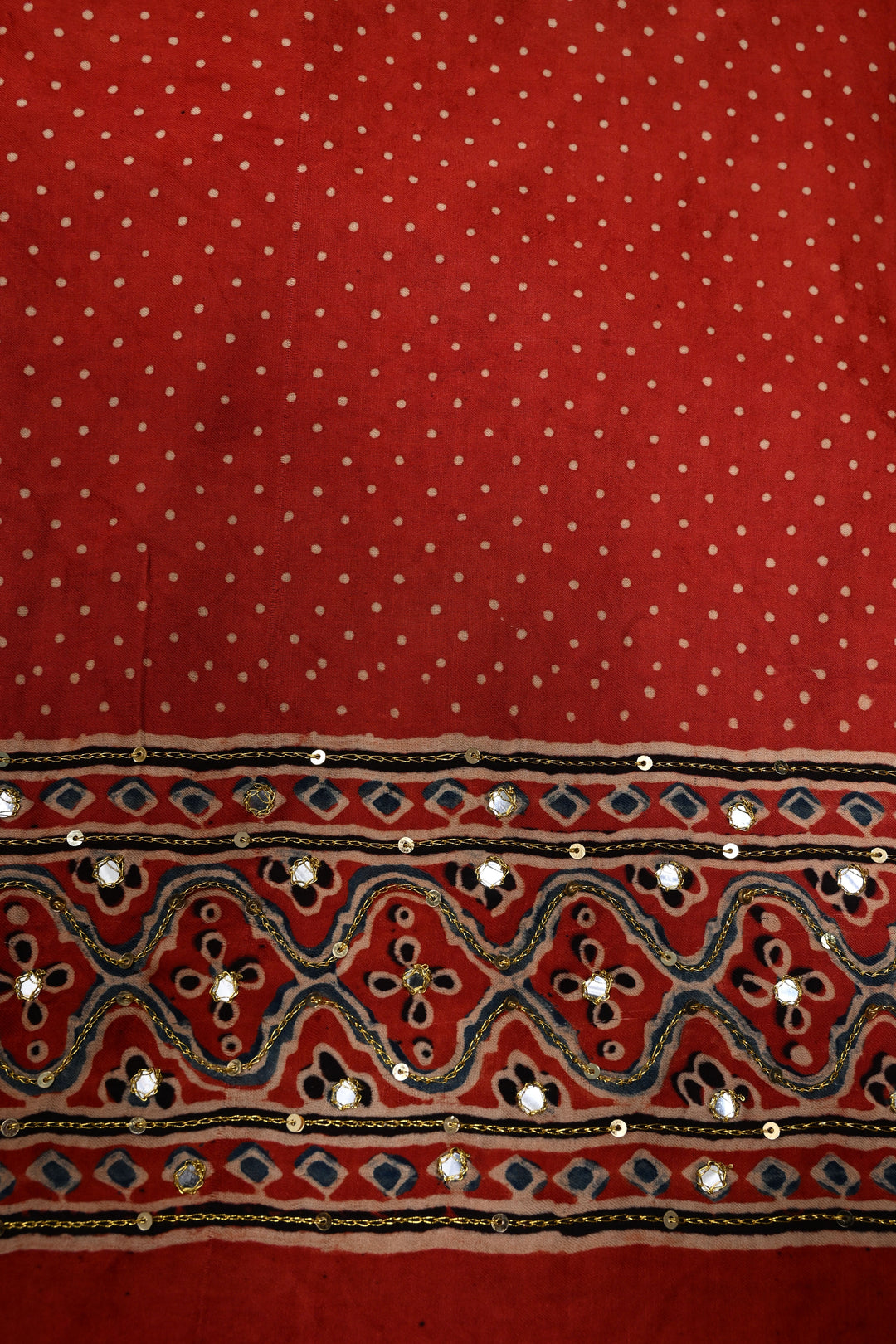 Handwork Ajrakh Saree with Tikki and Aari work on Black Red Ajrakh on Modal Silk   | SHOBITAM