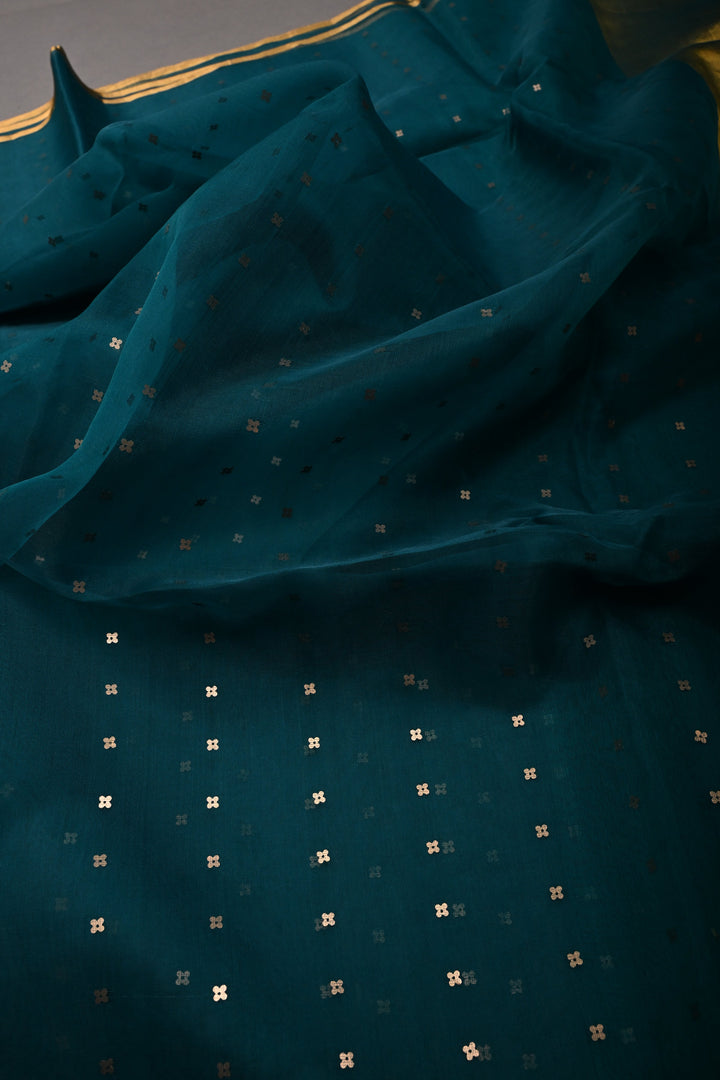 Rama Green Muslin Silk Saree with Pocket Sequins and Paithani Style Pallu | SILK MARK CERTIFIED | SHOBITAM
