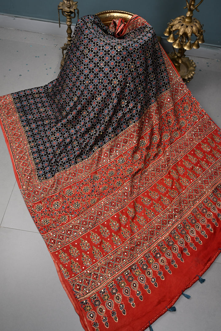 Handwork Ajrakh Saree with Tikki and Aari work on Black Red Ajrakh on Modal Silk   | SHOBITAM