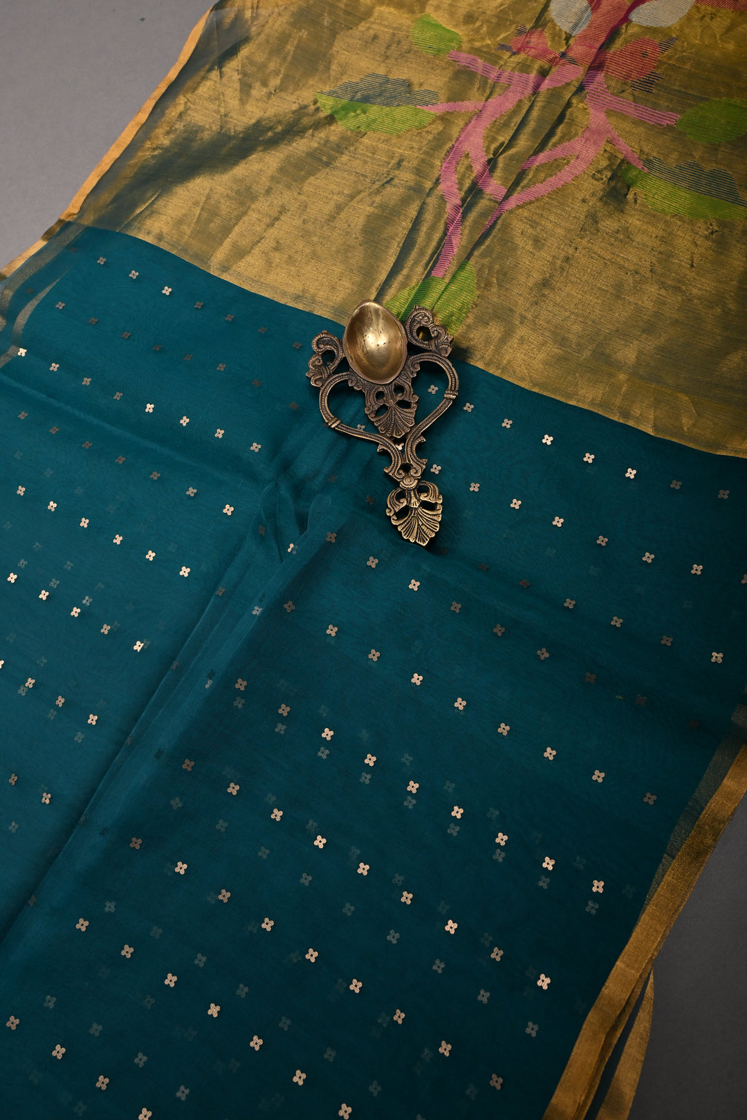Rama Green Muslin Silk Saree with Pocket Sequins and Paithani Style Pallu | SILK MARK CERTIFIED | SHOBITAM