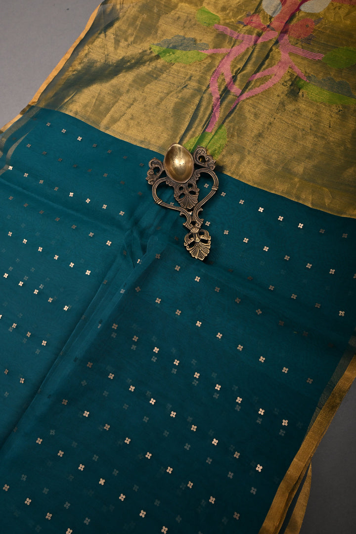 Rama Green Muslin Silk Saree with Pocket Sequins and Paithani Style Pallu | SILK MARK CERTIFIED | SHOBITAM