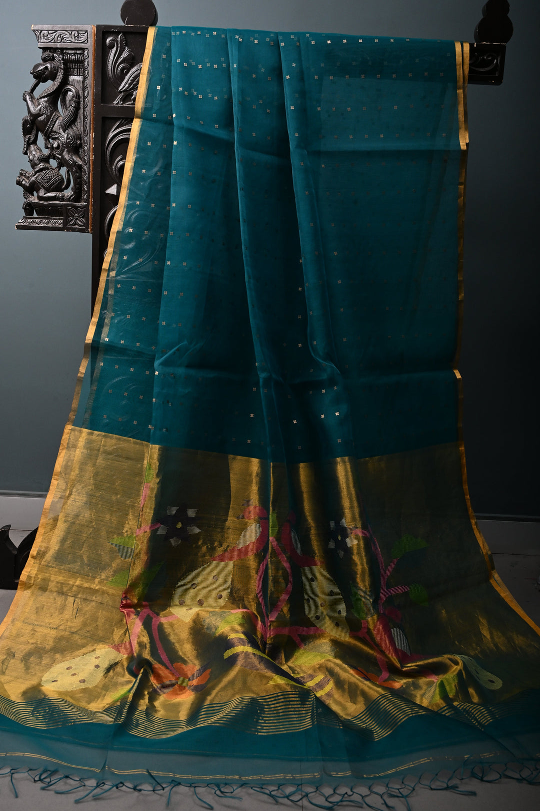 Rama Green Muslin Silk Saree with Pocket Sequins and Paithani Style Pallu | SILK MARK CERTIFIED | SHOBITAM