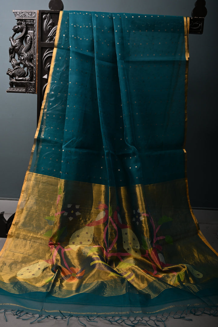 Rama Green Muslin Silk Saree with Pocket Sequins and Paithani Style Pallu | SILK MARK CERTIFIED | SHOBITAM