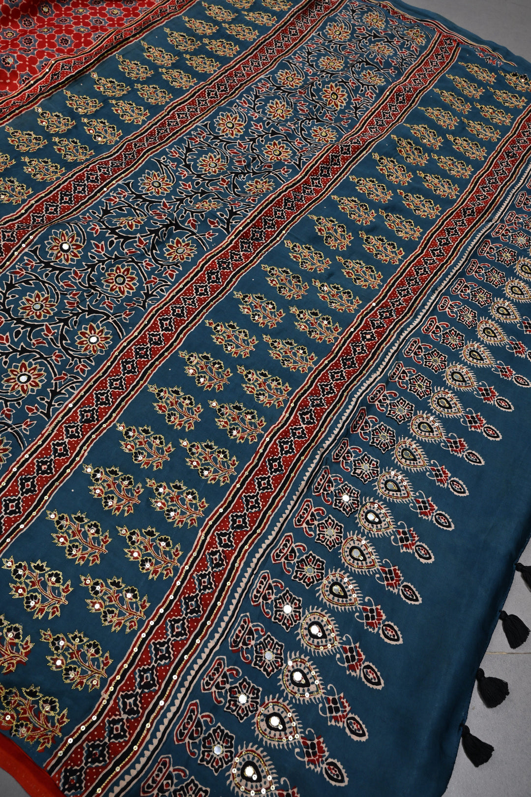Handwork Ajrakh Saree with Tikki and Aari work on Red Blue Ajrakh on Modal Silk  | SHOBITAM