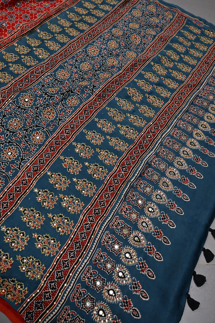 Handwork Ajrakh Saree with Tikki and Aari work on Red Blue Ajrakh on Modal Silk  | SHOBITAM