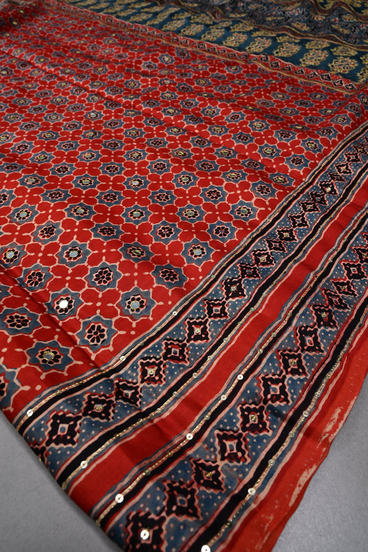 Handwork Ajrakh Saree with Tikki and Aari work on Red Blue Ajrakh on Modal Silk  | SHOBITAM