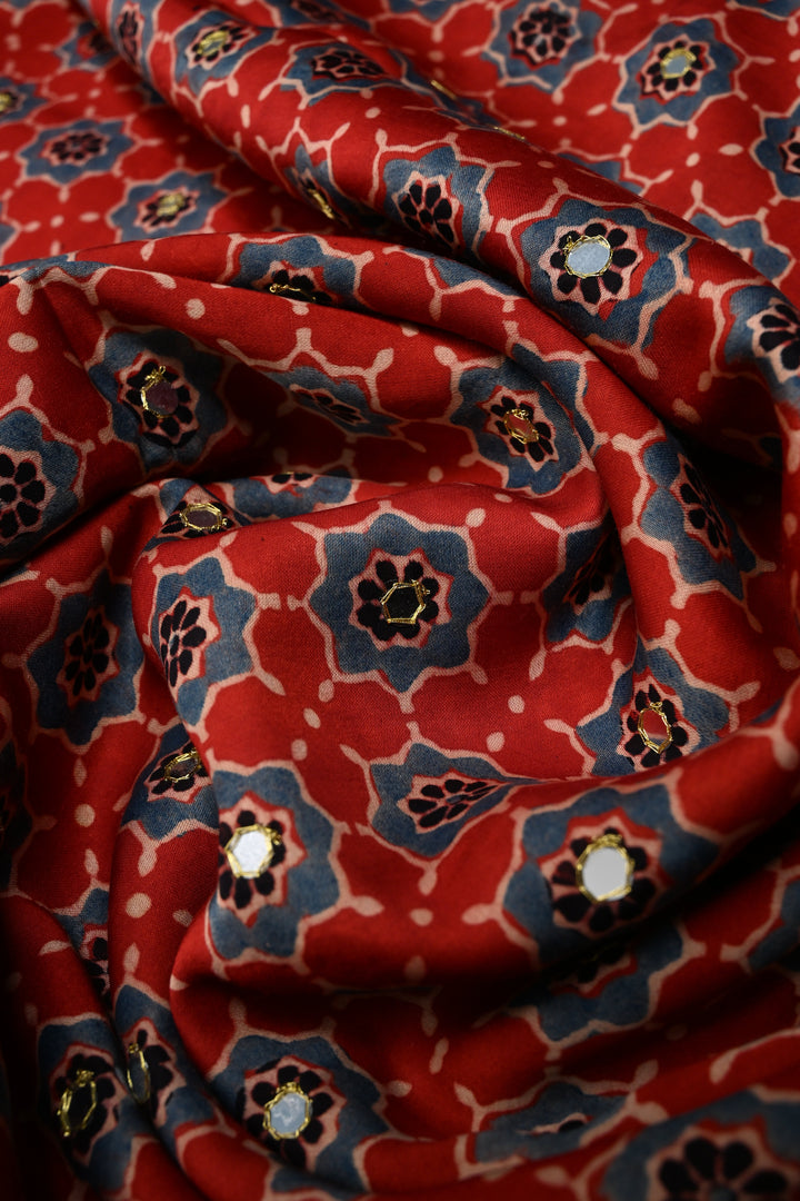 Handwork Ajrakh Saree with Tikki and Aari work on Red Blue Ajrakh on Modal Silk  | SHOBITAM
