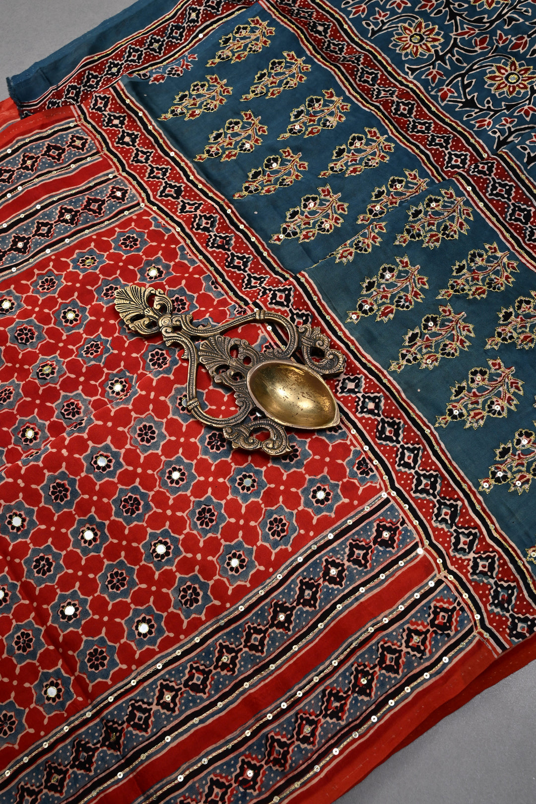 Handwork Ajrakh Saree with Tikki and Aari work on Red Blue Ajrakh on Modal Silk  | SHOBITAM