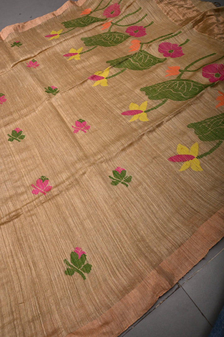 Kora Color Matka Silk Saree with Jamdani Meenakari Weaving Buttas and Muted Tissue Zari Border | SILK MARK CERTIFIED | SHOBITAM