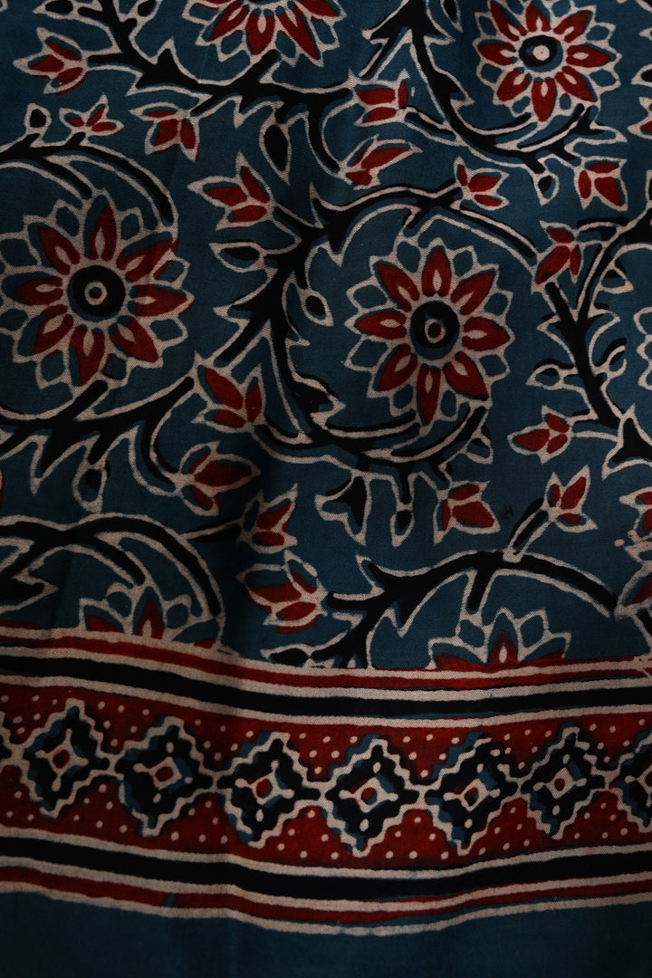 Handwork Ajrakh Saree with Tikki and Aari work on Red Blue Ajrakh on Modal Silk  | SHOBITAM
