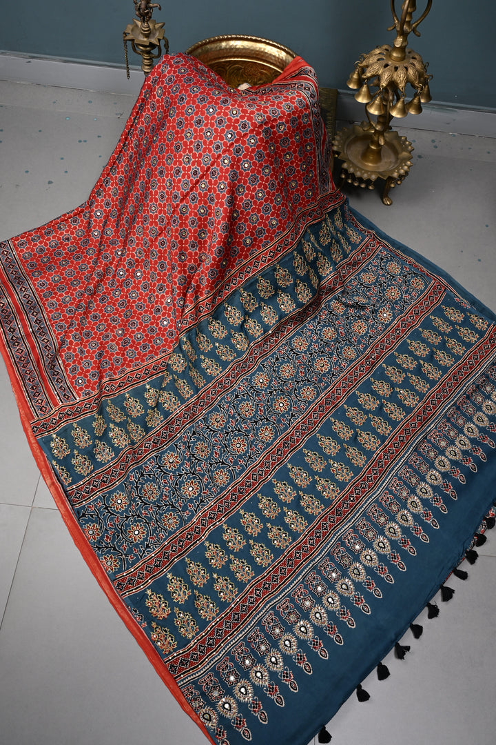 Handwork Ajrakh Saree with Tikki and Aari work on Red Blue Ajrakh on Modal Silk  | SHOBITAM