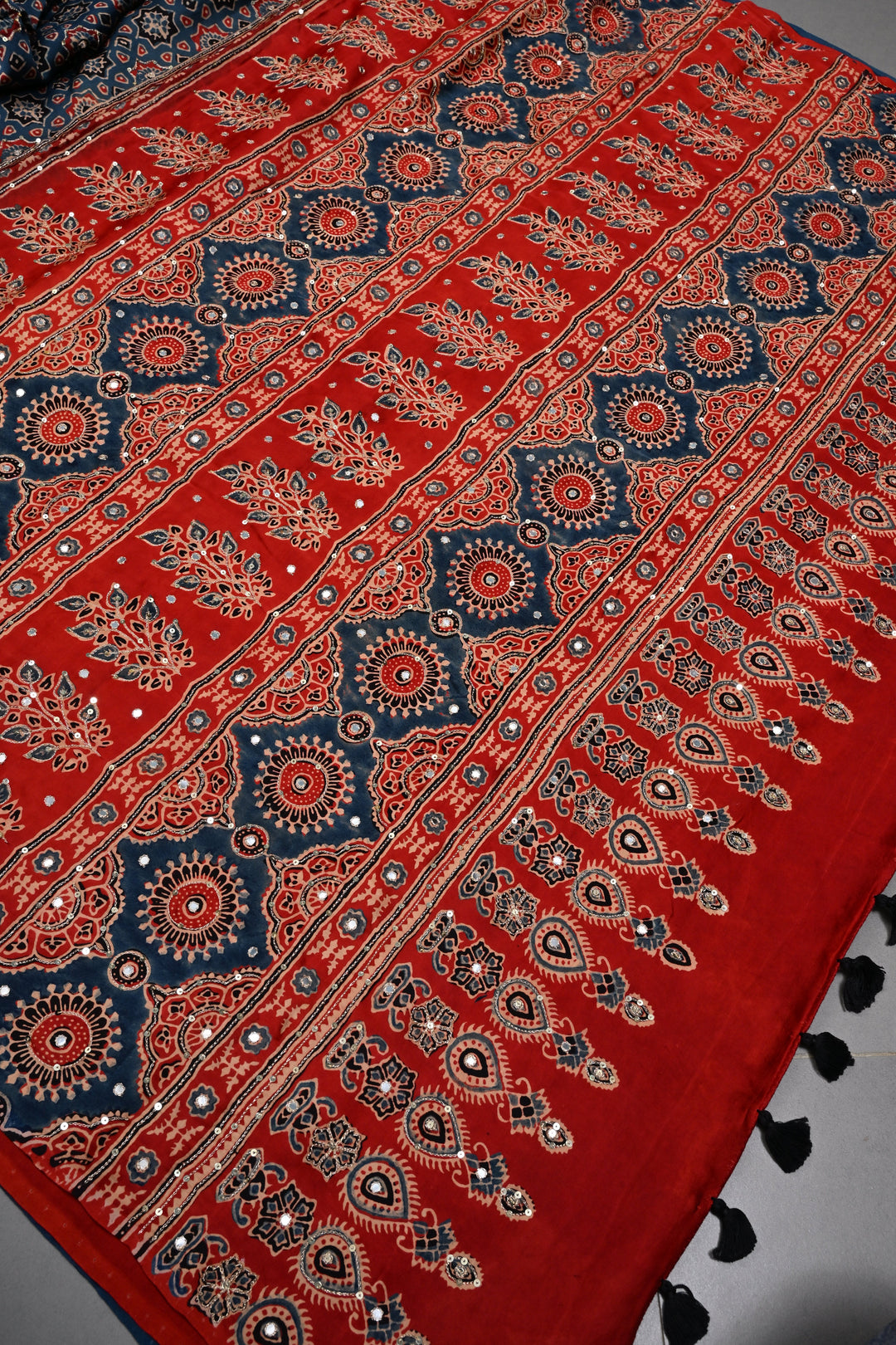 Indigo Ajrakh Hand Block Print on Modal Saree with Mirror-Ari Handwork and Red Pallu | SHOBITAM