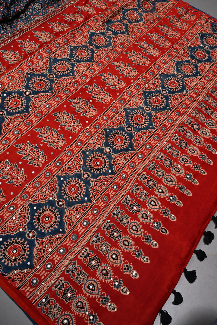 Indigo Ajrakh Hand Block Print on Modal Saree with Mirror-Ari Handwork and Red Pallu | SHOBITAM