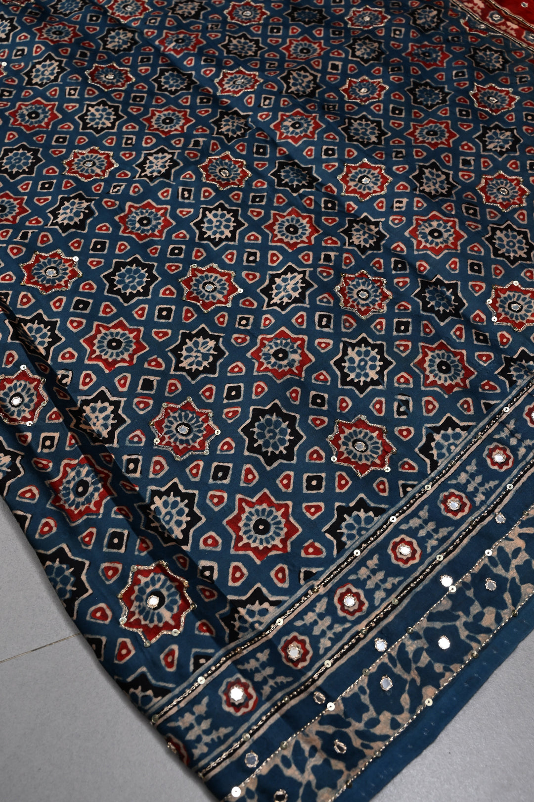 Indigo Ajrakh Hand Block Print on Modal Saree with Mirror-Ari Handwork and Red Pallu | SHOBITAM