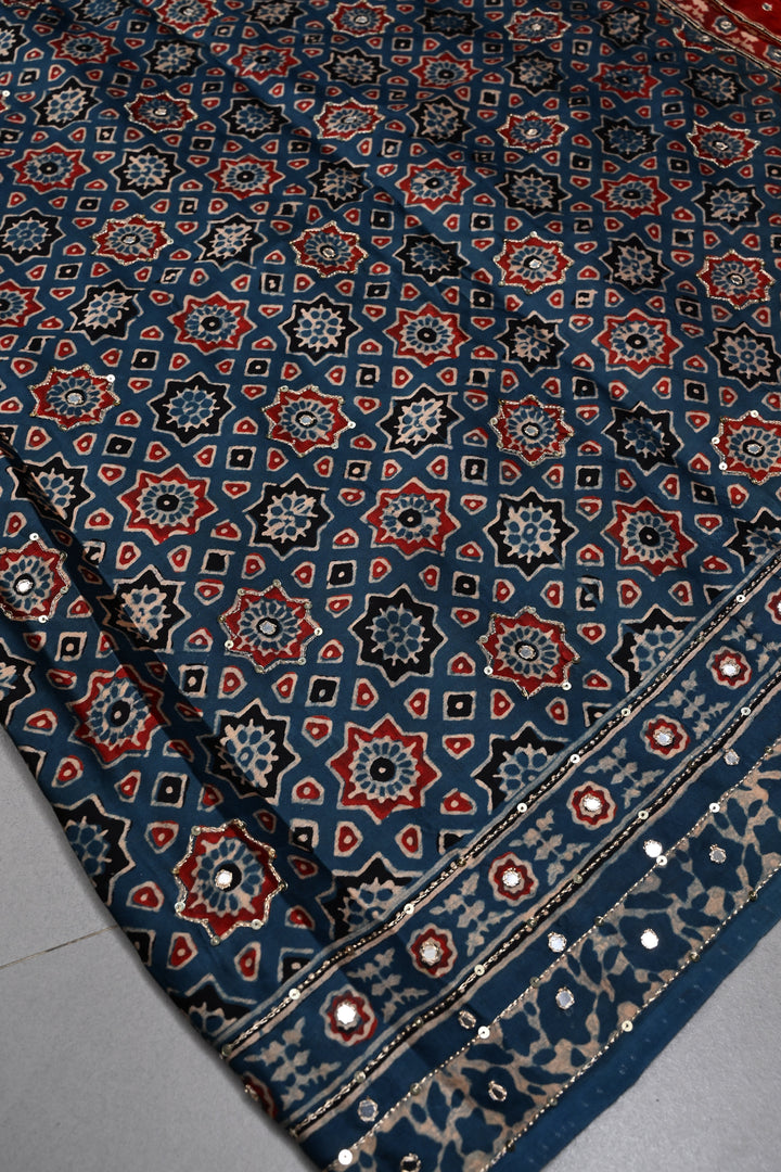 Indigo Ajrakh Hand Block Print on Modal Saree with Mirror-Ari Handwork and Red Pallu | SHOBITAM