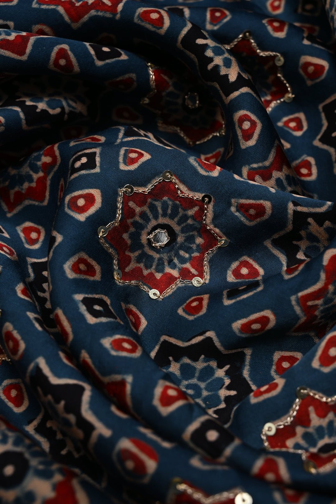 Indigo Ajrakh Hand Block Print on Modal Saree with Mirror-Ari Handwork and Red Pallu | SHOBITAM