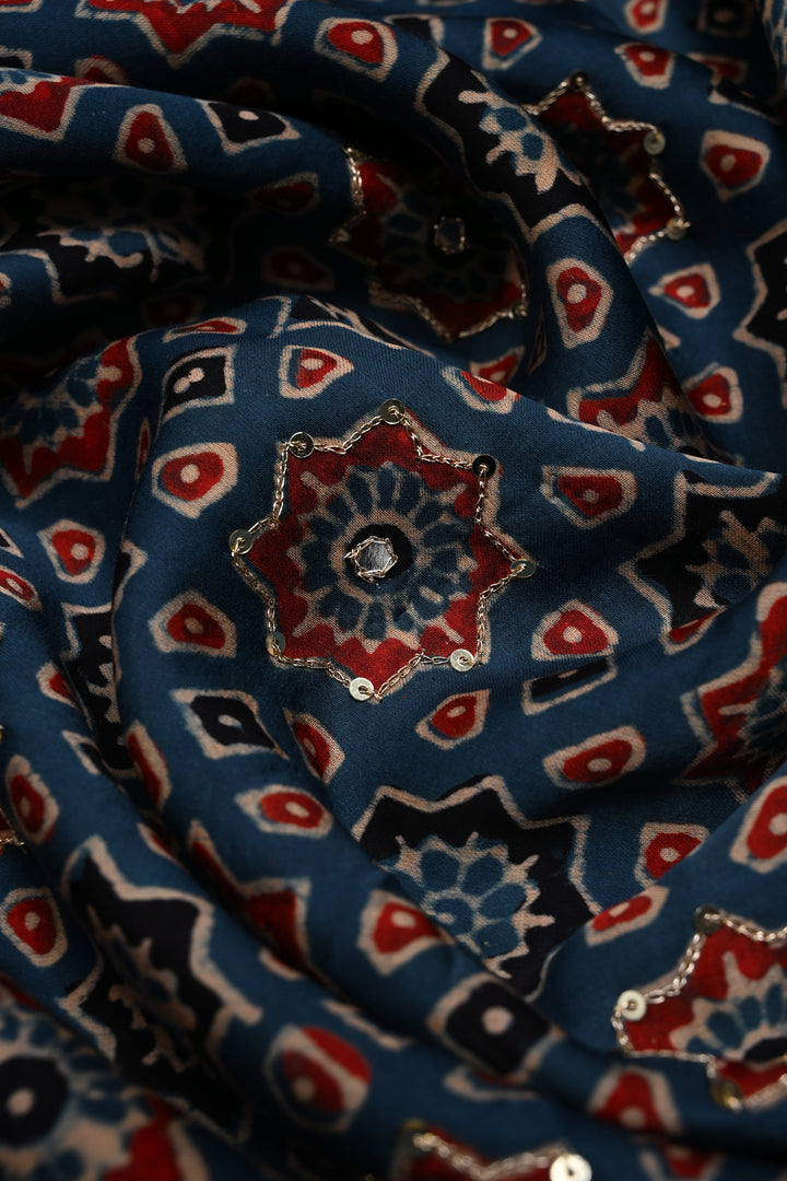 Indigo Ajrakh Hand Block Print on Modal Saree with Mirror-Ari Handwork and Red Pallu | SHOBITAM