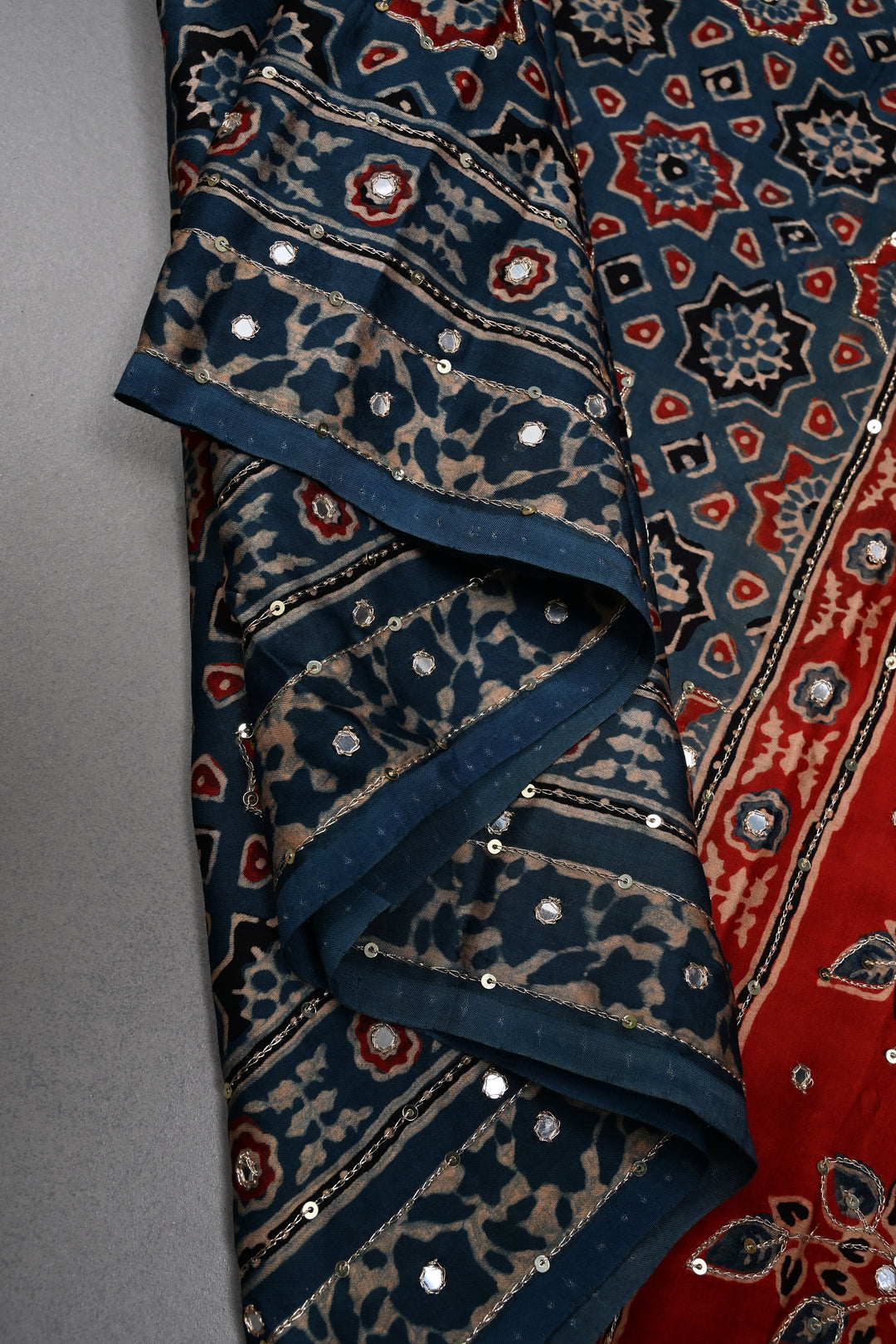 Indigo Ajrakh Hand Block Print on Modal Saree with Mirror-Ari Handwork and Red Pallu | SHOBITAM