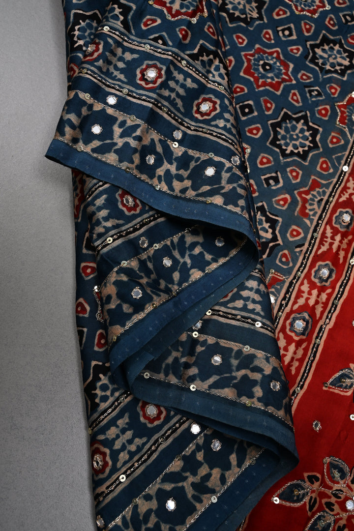 Indigo Ajrakh Hand Block Print on Modal Saree with Mirror-Ari Handwork and Red Pallu | SHOBITAM