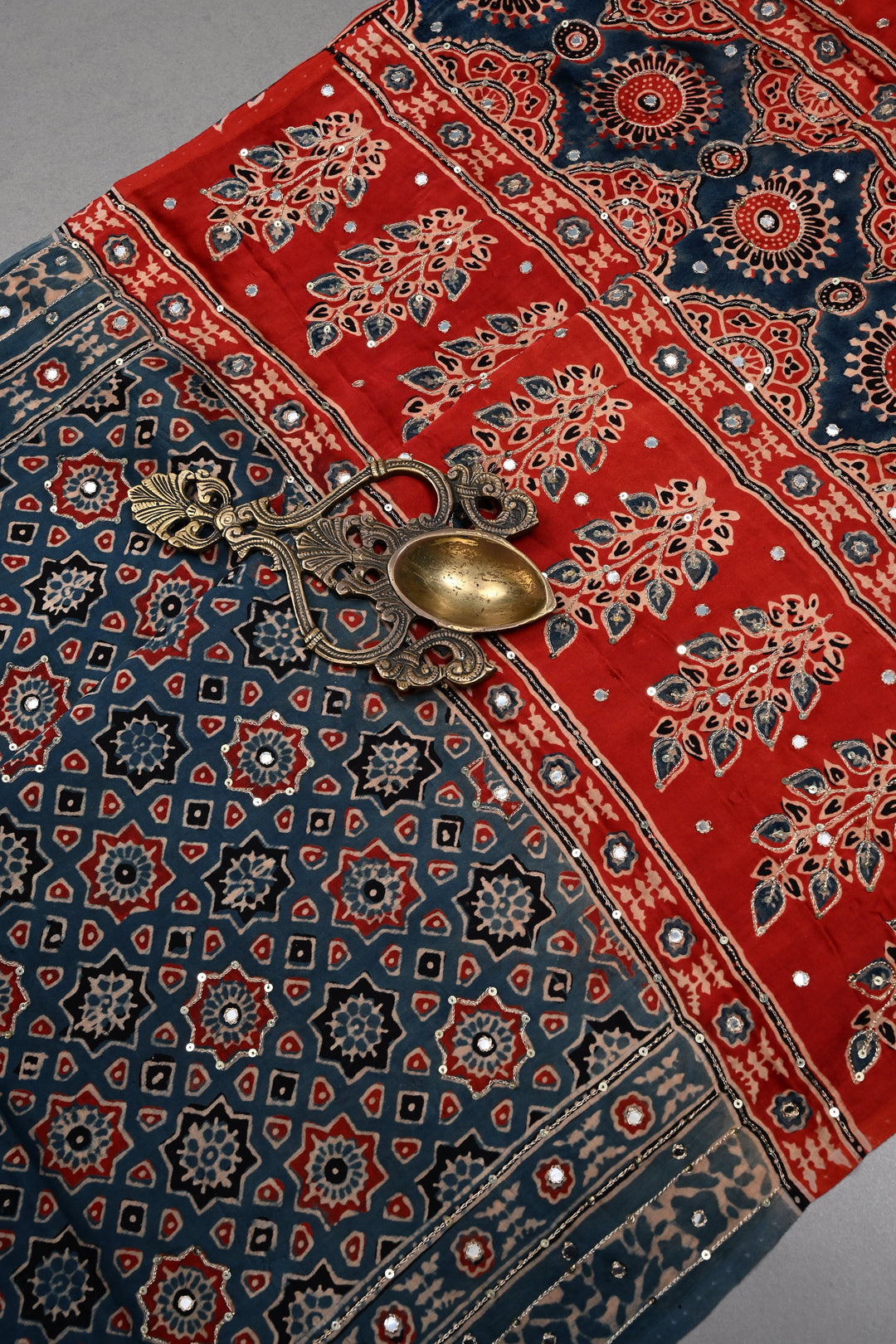 Indigo Ajrakh Hand Block Print on Modal Saree with Mirror-Ari Handwork and Red Pallu | SHOBITAM