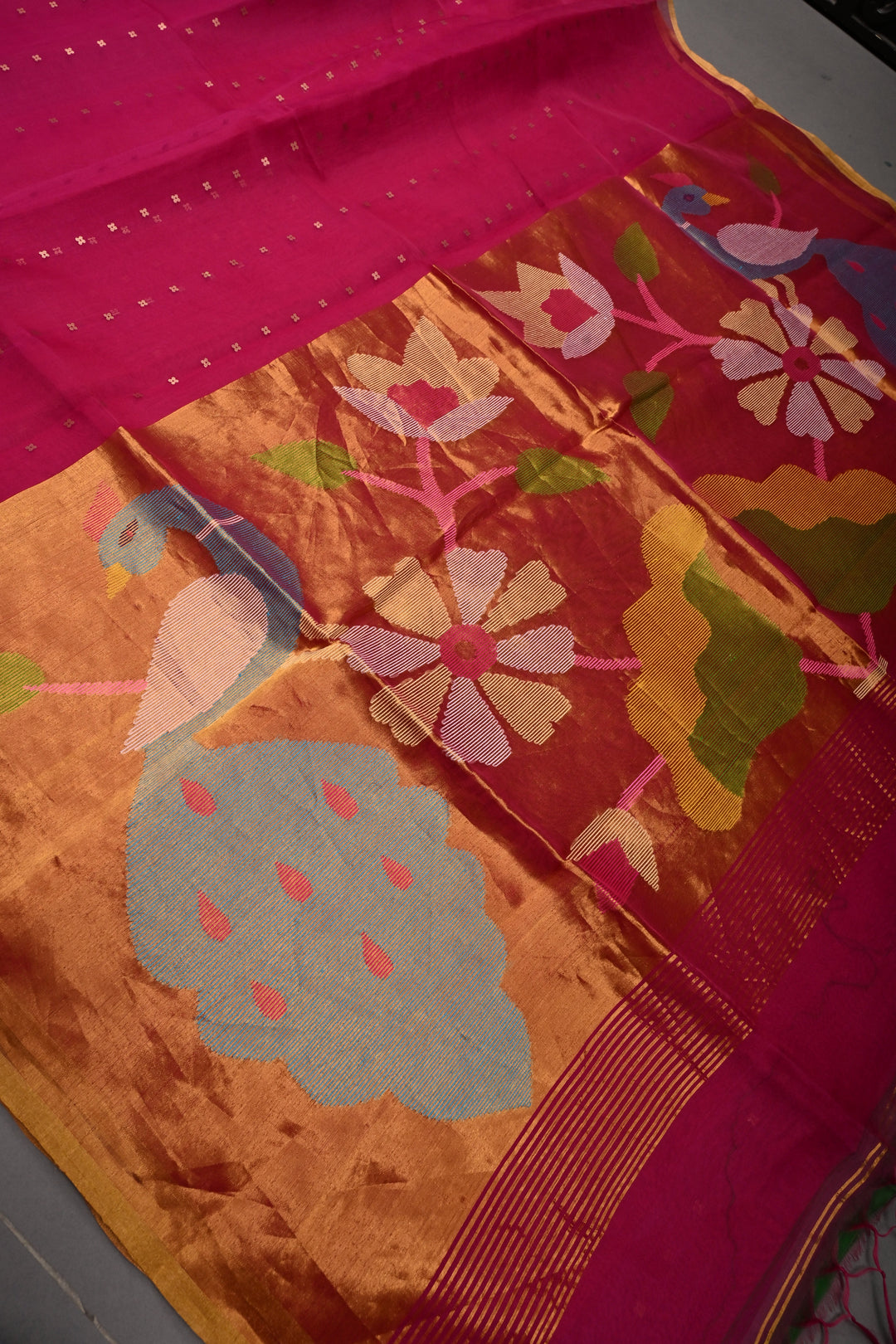 Rani Pink Muslin Silk Saree with Pocket Sequins and Paithani Style Pallu | SILK MARK CERTIFIED | SHOBITAM