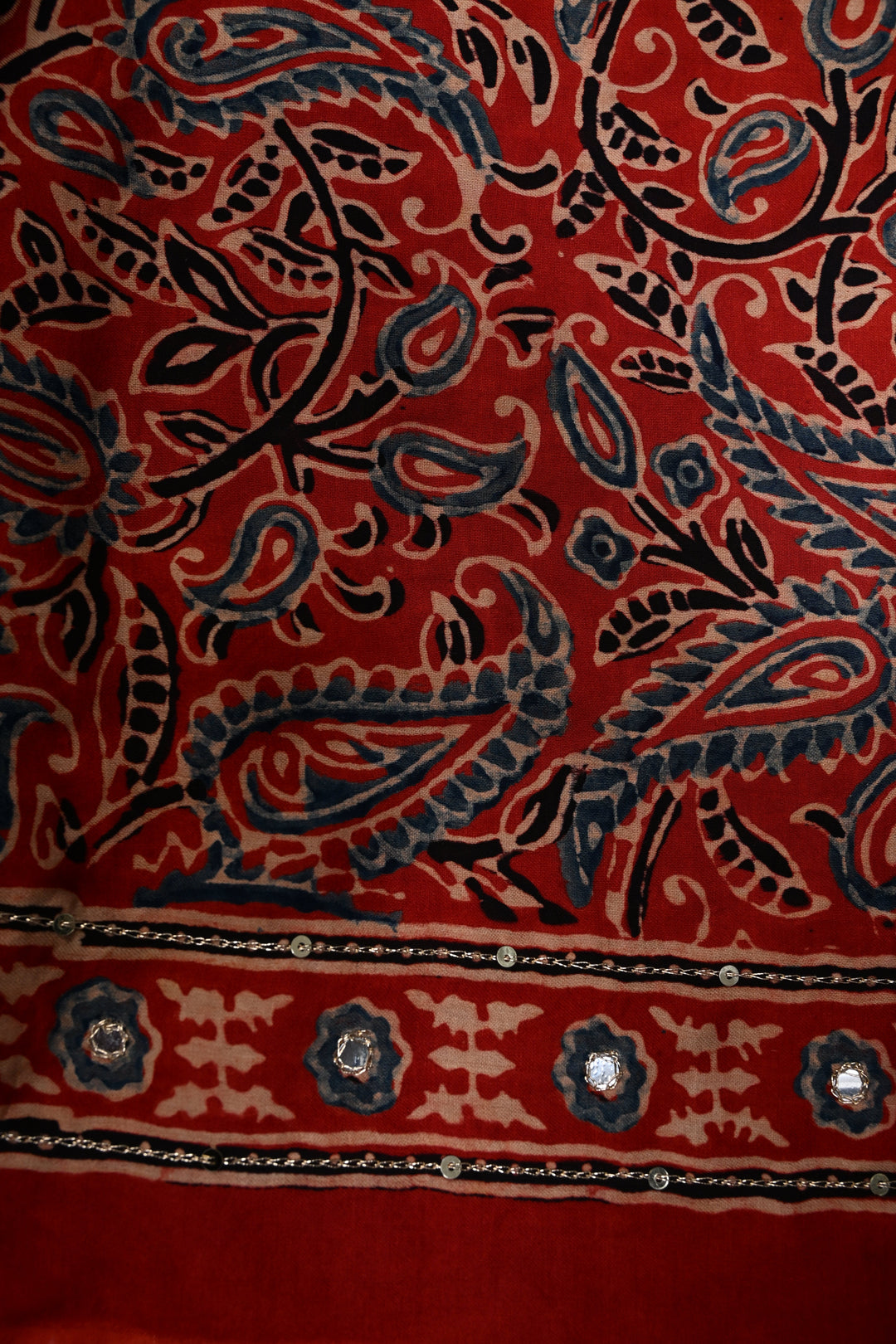 Indigo Ajrakh Hand Block Print on Modal Saree with Mirror-Ari Handwork and Red Pallu | SHOBITAM
