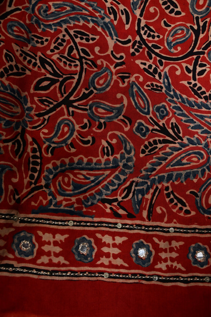 Indigo Ajrakh Hand Block Print on Modal Saree with Mirror-Ari Handwork and Red Pallu | SHOBITAM