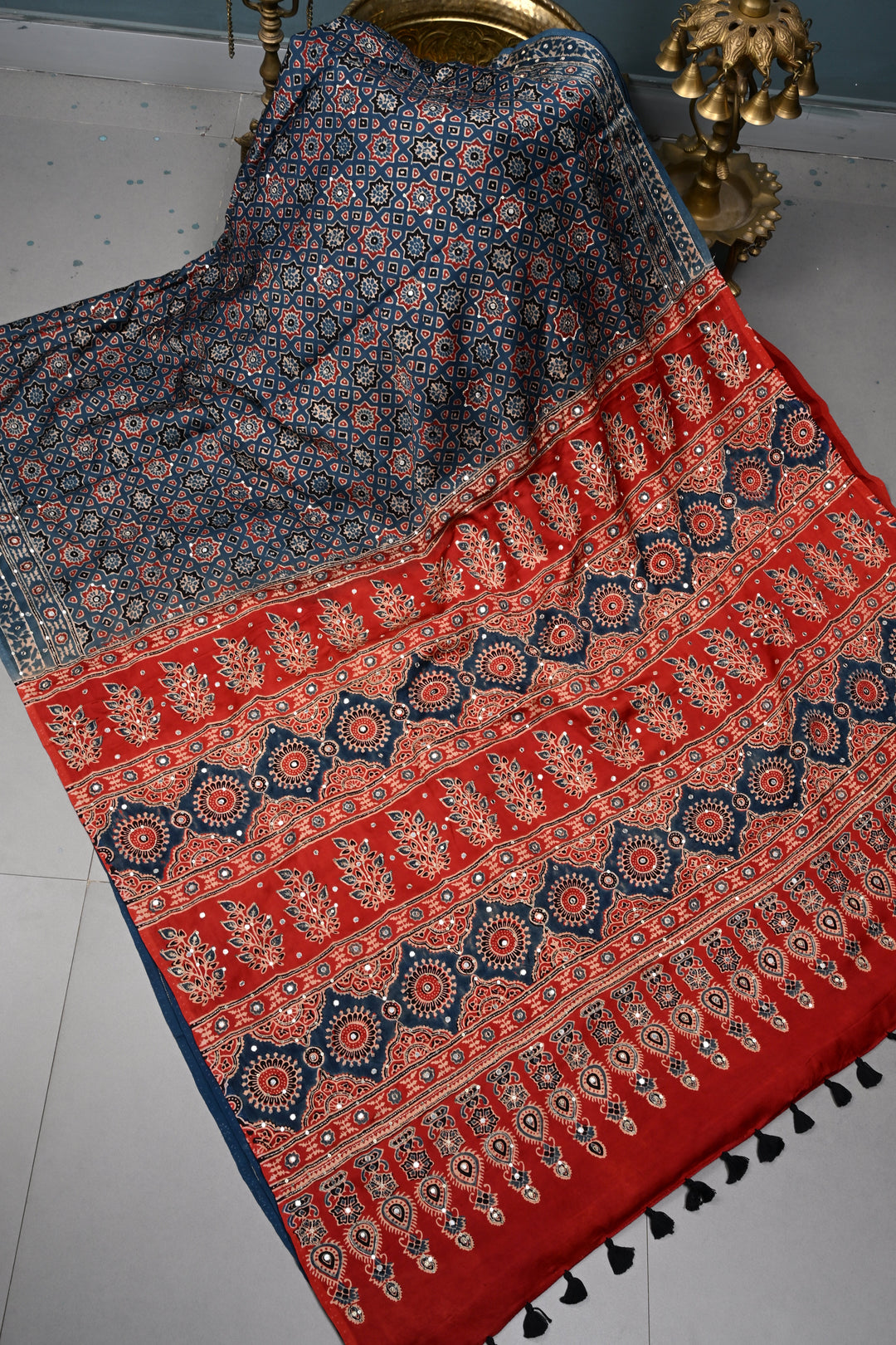 Indigo Ajrakh Hand Block Print on Modal Saree with Mirror-Ari Handwork and Red Pallu | SHOBITAM