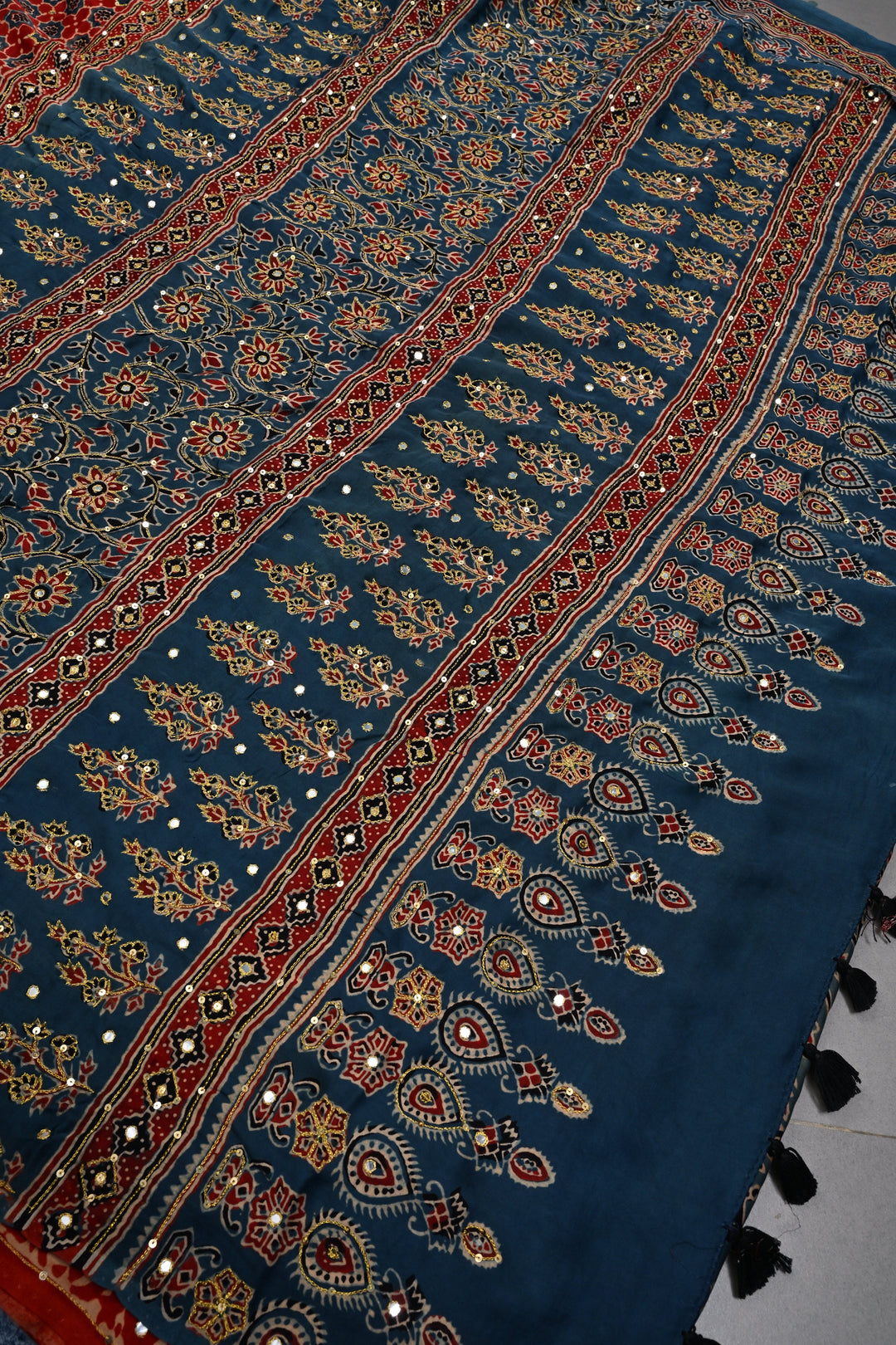 Handwork Ajrakh Saree with Tikki and Aari work on Red Blue Ajrakh on Modal Silk  | SHOBITAM